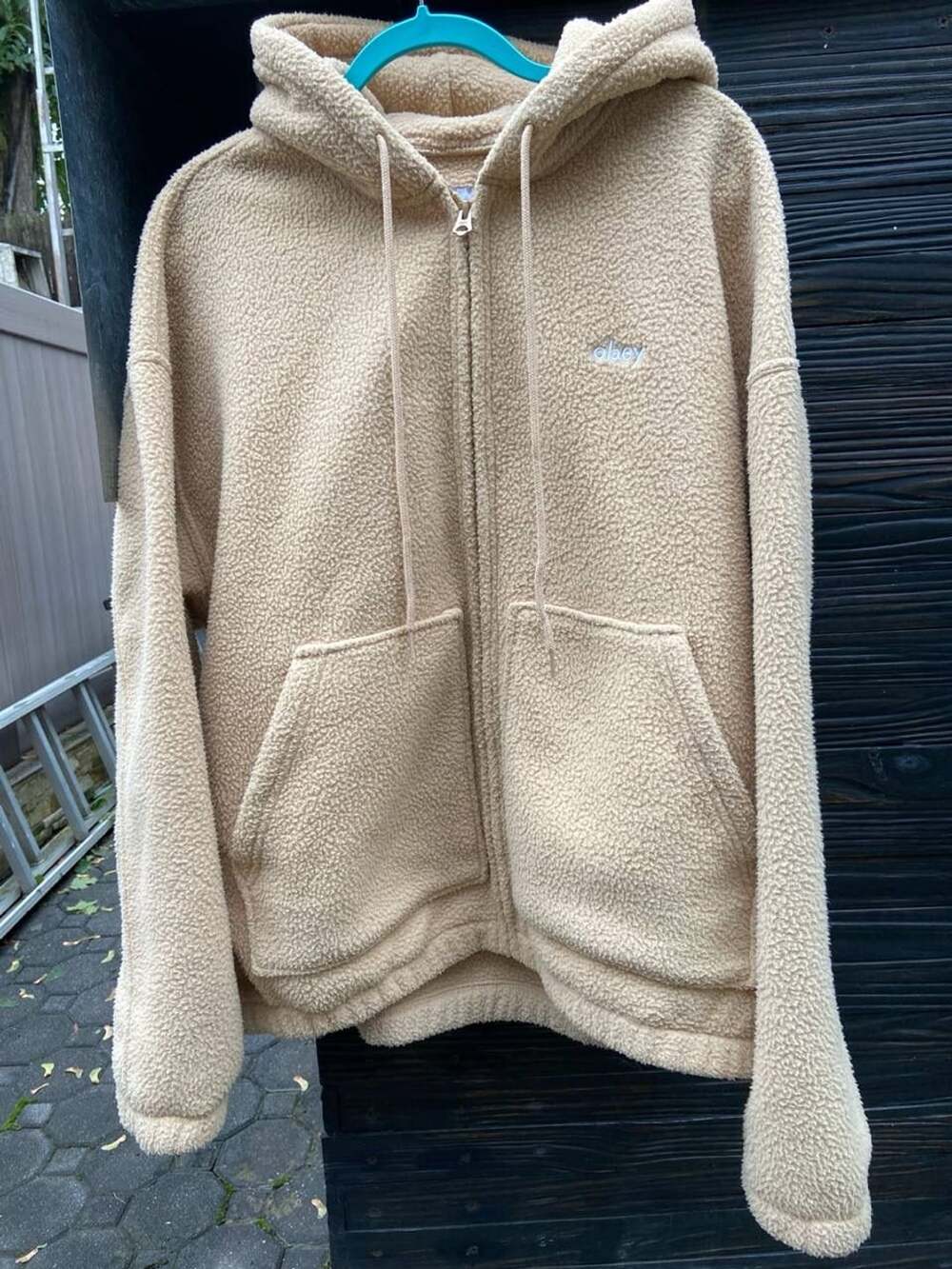 Obey Gaze Hooded Jacket Sherpa Zip Hoodie Size L Beige